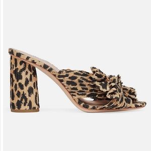 Loeffler Randall Leopard-Print Knotted Pleat Block Heel Mules in Tan and Black